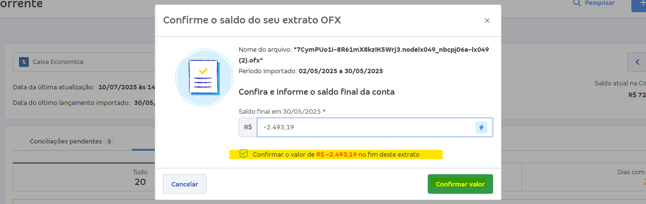 Tela de Importar extrato (OFX) com destaque para o botão Confirmar valor e mensagem Confirmar o valor de.