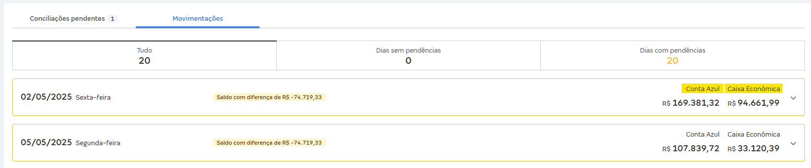 Tela de conciliação com destaque para as colunas banco e conta azul