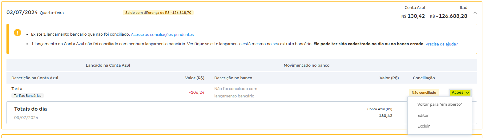 Tela de Movimentações com destaque para o botão Ações.