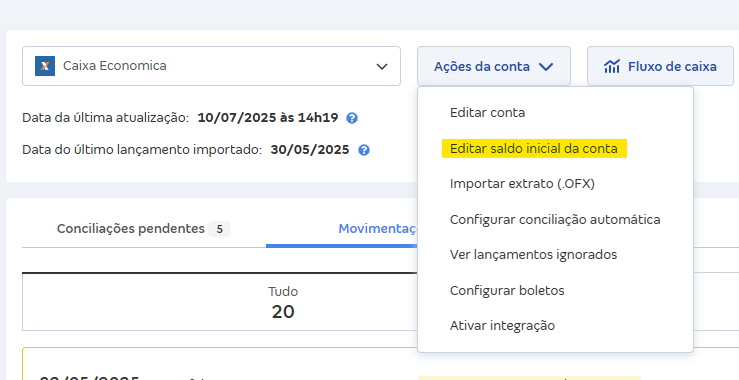 Tela de movimentações com destaque para o botao editar saldo inicial