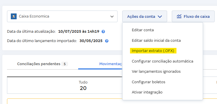 Tela de movimentações com destaque para o botao importar extrato ofx