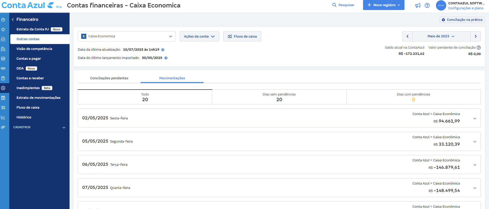 Tela de Movimentações com o saldo de todos os dias batendo.