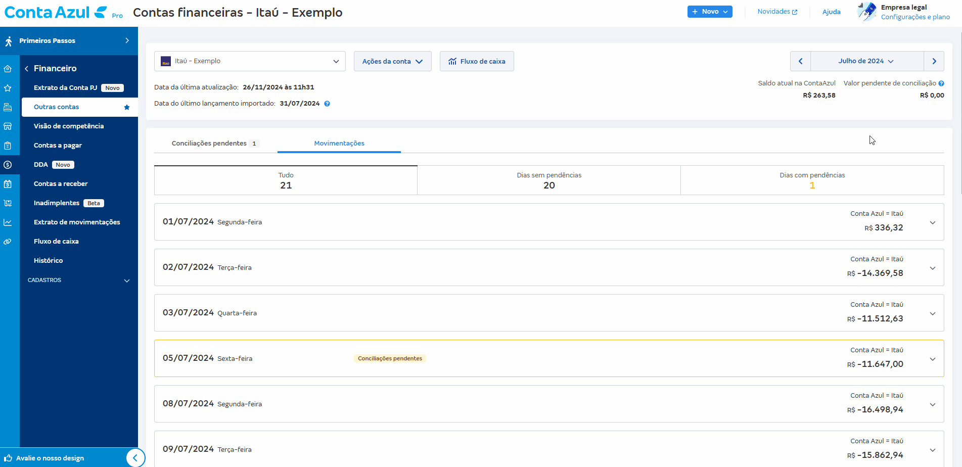 Passo a passo de correção de saldo pelo atalho da tela de Movimentações.