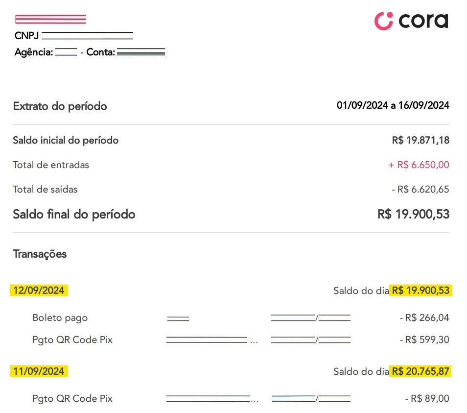 Imagem do extrato bancário Cora em PDF com destaque para Data e Saldo do dia.