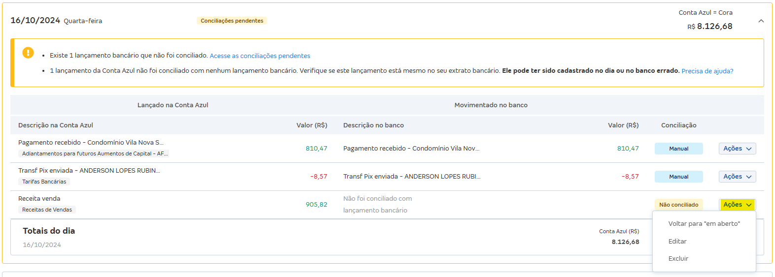 Tela de Movimentações com destaque para o botão Ações.