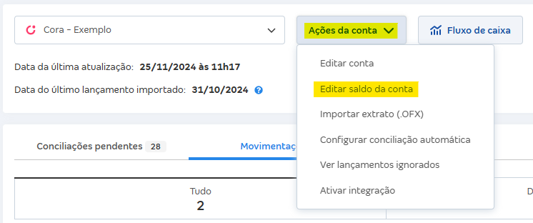 Tela de Movimentações com destaque para o botão Ações da conta e Editar saldo da conta.
