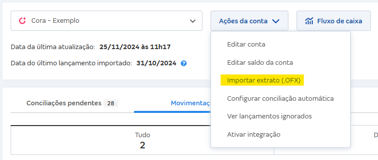 Tela de Movimentações com destaque para o botão Ações da conta e Importar extrato (OFX).