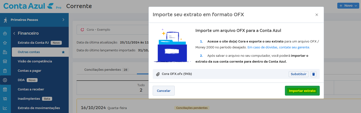 Tela de Importar extrato (OFX) com destaque para o botão Importar extrato.