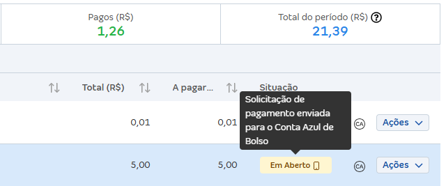 Exemplo de solicitação de pagamento com situação Em aberto.