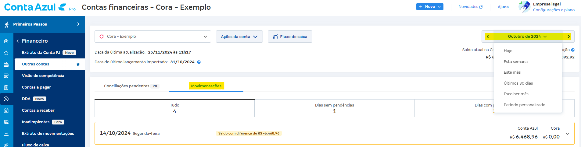 Tela de Movimentações com destaque para o campo Período personalizado.