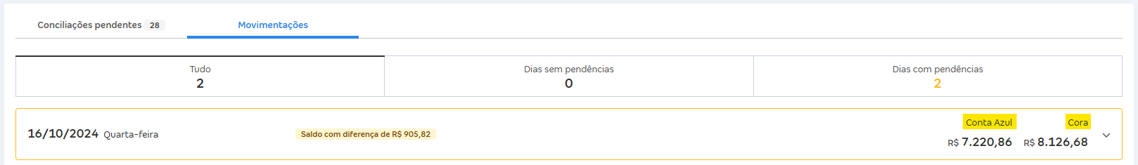 Tela de Movimentações com destaque para os saldos das colunas Banco e Conta Azul.