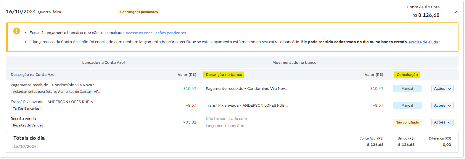 Tela de Movimentações com destaque para os campos Descrição do banco e conciliação.