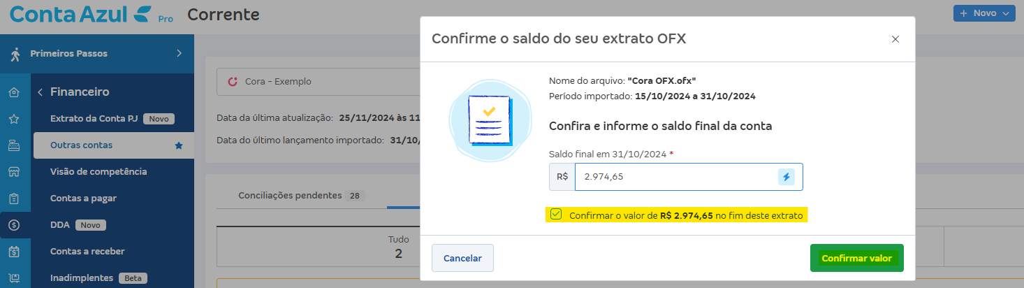 Tela de Importar extrato (OFX) com destaque para o botão Confirmar valor e mensagem Confirmar o valor de.