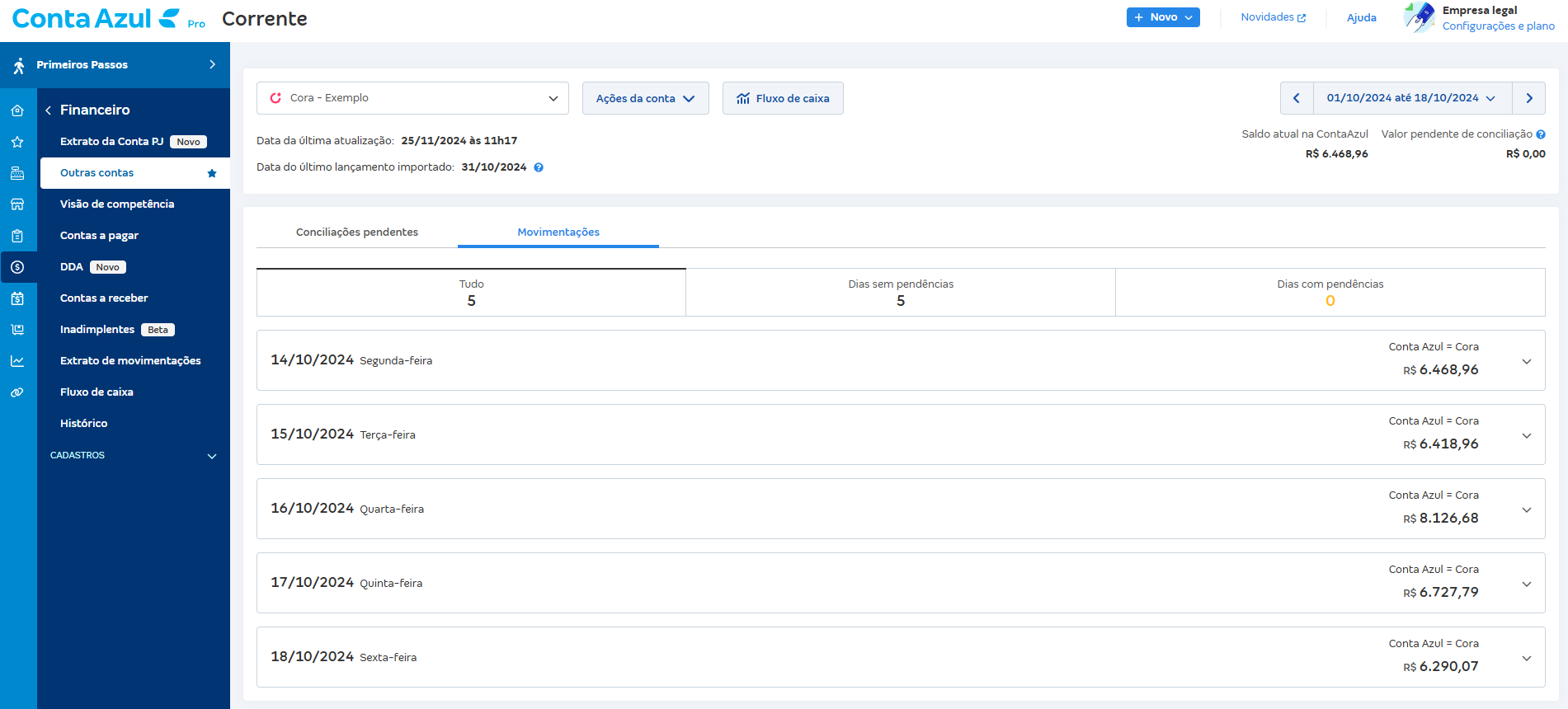 Tela de Movimentações com o saldo de todos os dias batendo.