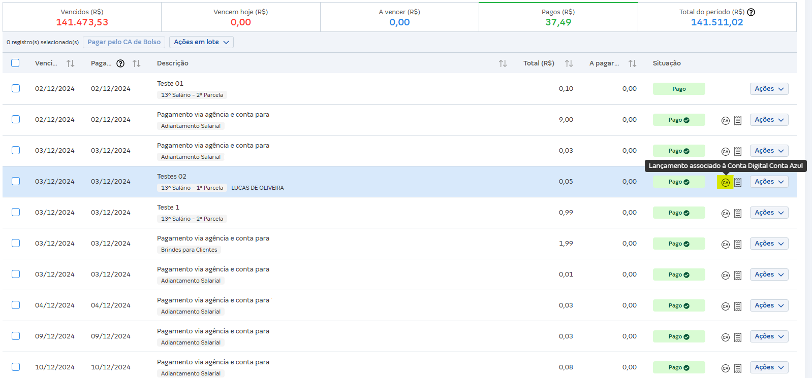 Exemplo de lançamento pago identificado no ERP.