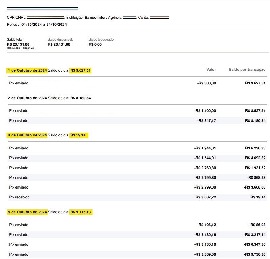 Extrato Inter em PDF com destaque para Data e Saldo do dia.
