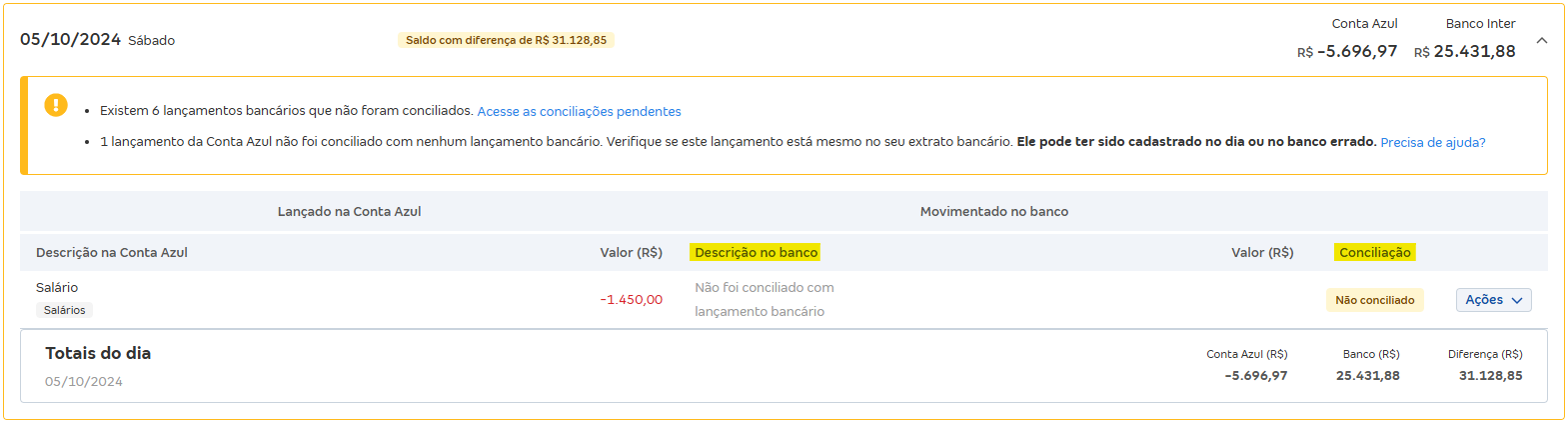 Tela de Movimentações com destaque para os campos Descrição do banco e conciliação.