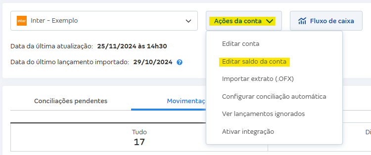 Tela de Movimentações com destaque para o botão Ações da conta e Editar saldo da conta.