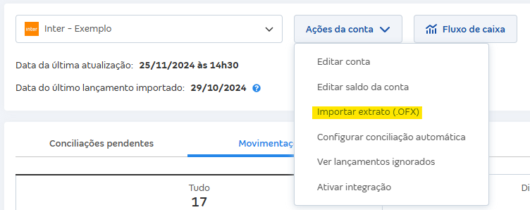 Tela de Movimentações com destaque para o botão Ações da conta e Importar extrato (OFX).