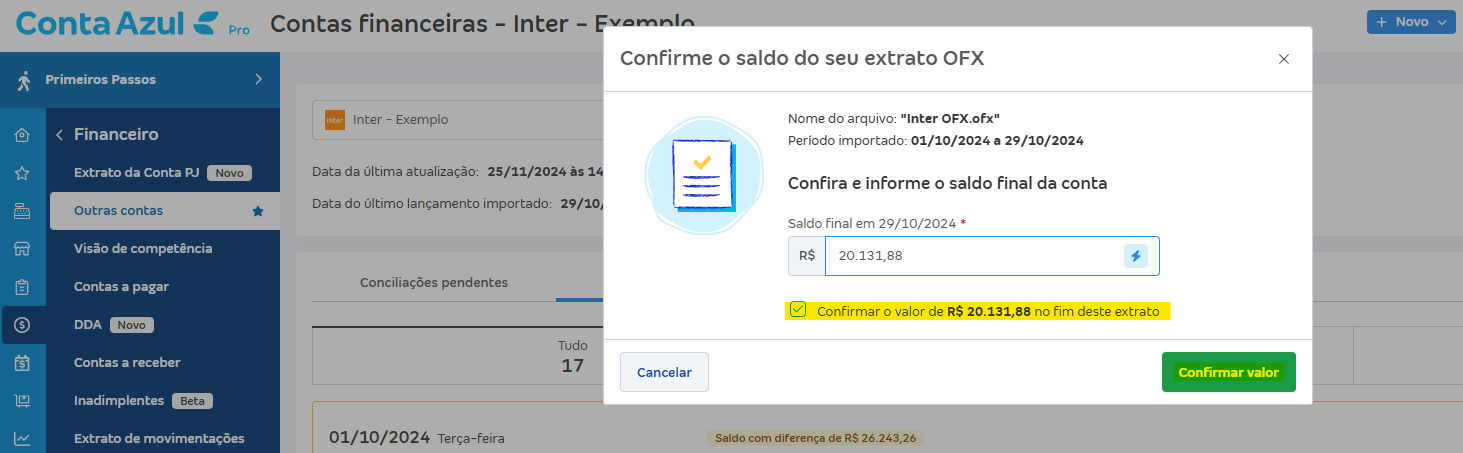Tela de Importar extrato (OFX) com destaque para o botão Confirmar valor e mensagem Confirmar o valor de.