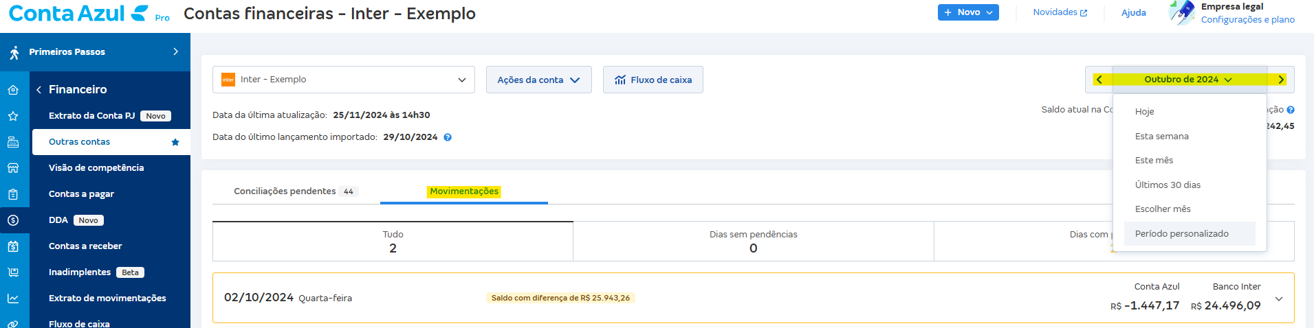 Tela de Movimentações com destaque para o campo Período personalizado.