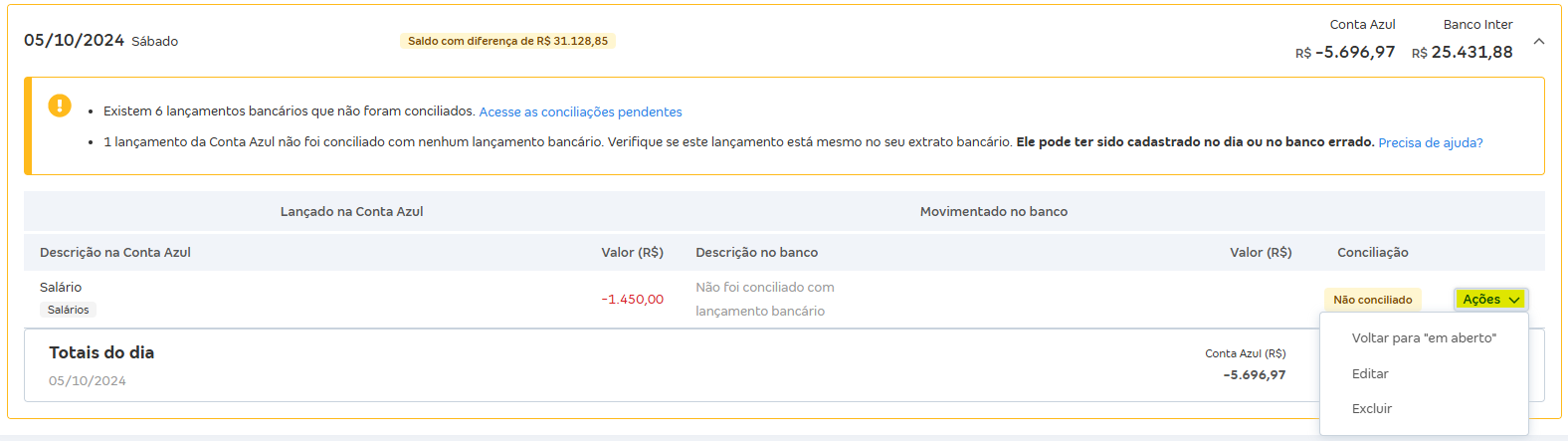 Tela de Movimentações com destaque para o botão Ações.