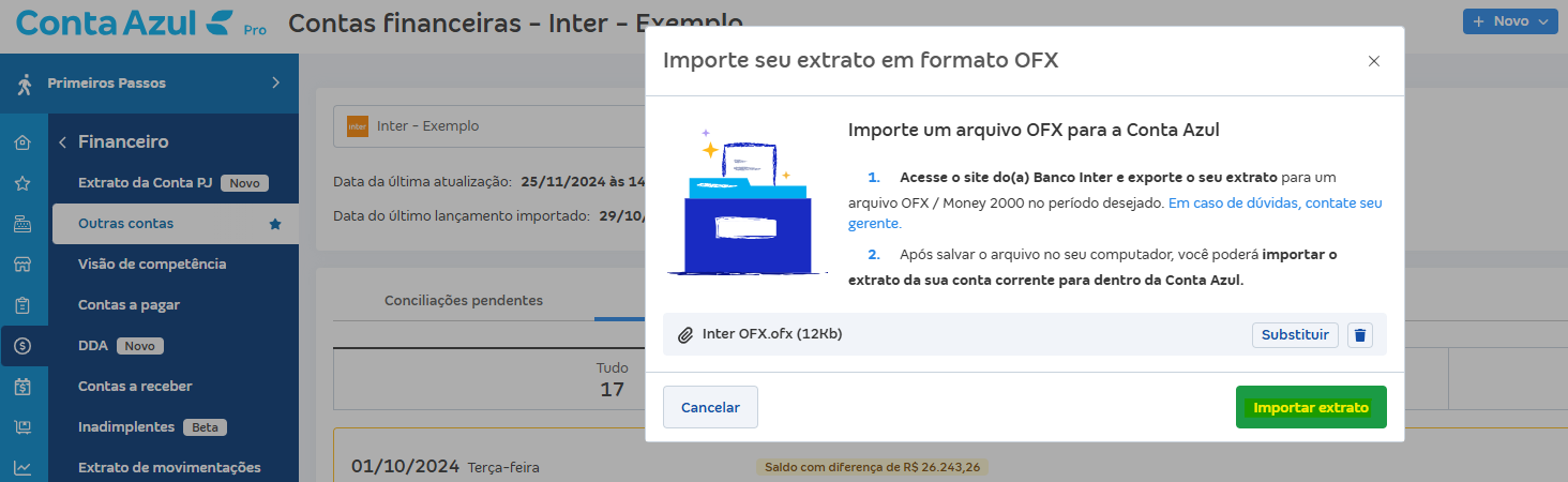 Tela de Importar extrato (OFX) com destaque para o botão Importar extrato.