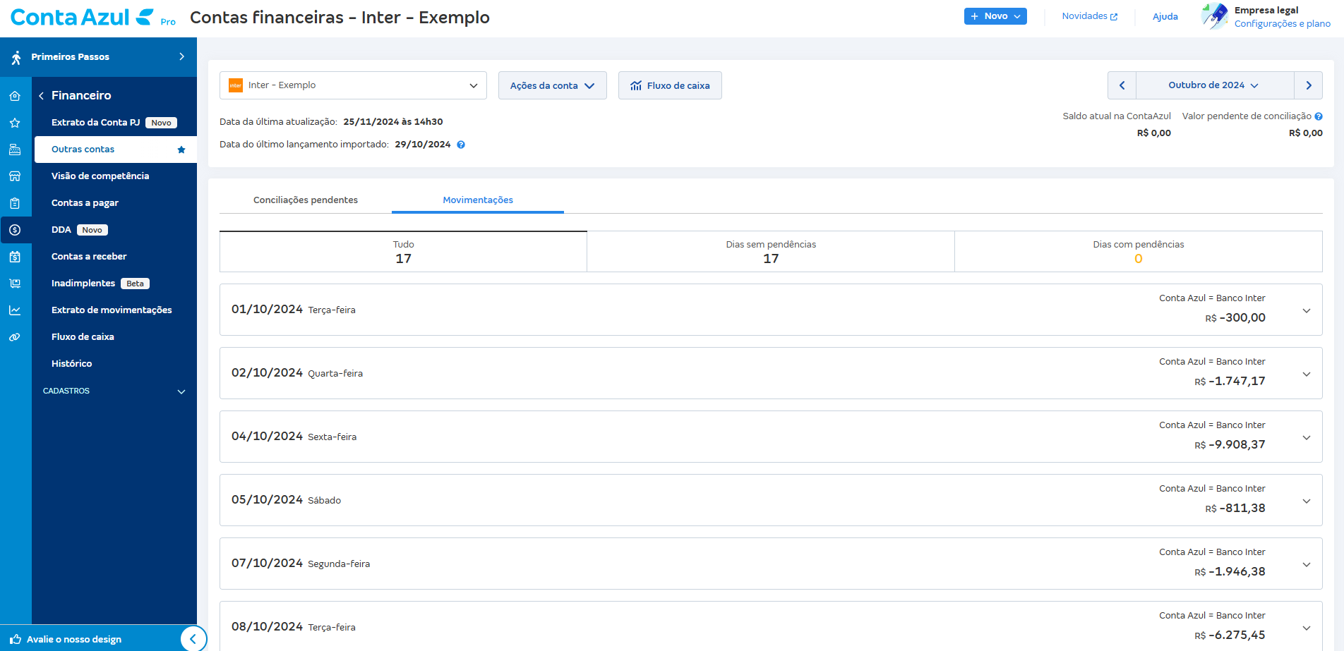 Tela de Movimentações com o saldo de todos os dias batendo.