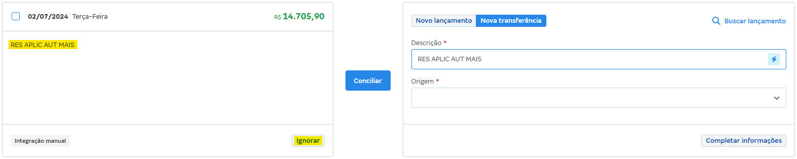 Tela de Conciliações pendentes com destaque para lançamento de aplicações e resgate.