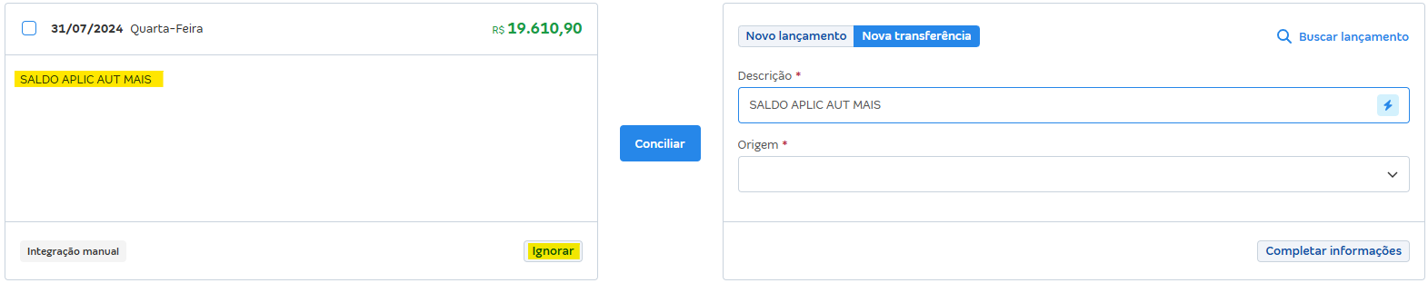 Tela de Conciliações pendentes com destaque para lançamento de SALDO APLIC AUT MAIS.