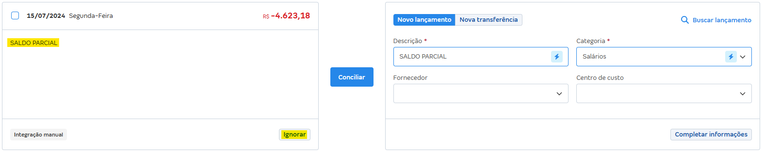 Tela de Conciliações pendentes com destaque para lançamento de saldo parcial.