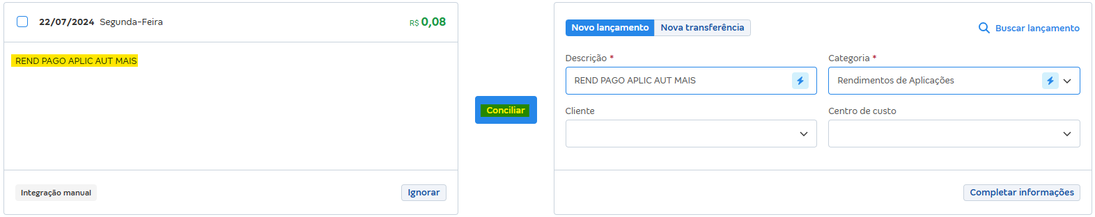 Tela de Conciliações pendentes com destaque para lançamento de rendimento.
