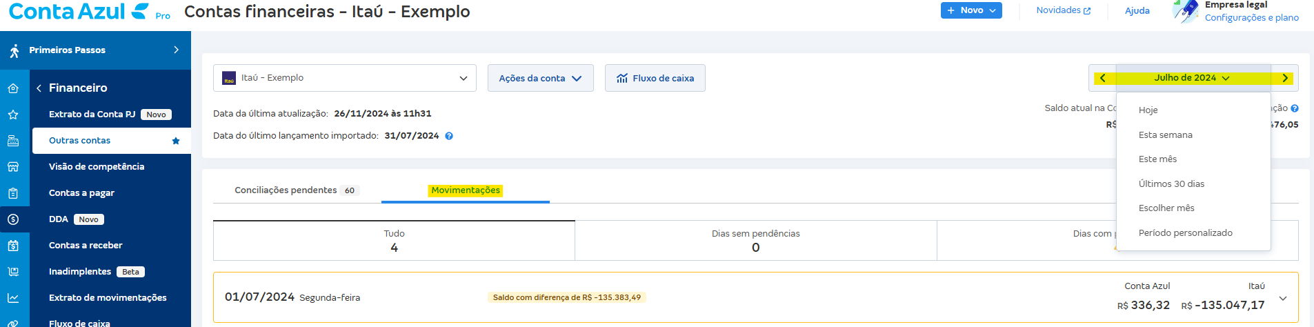 Tela de Movimentações com destaque para o campo Período personalizado.