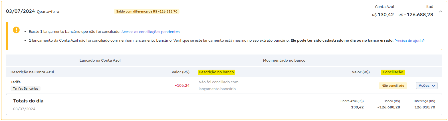 Tela de Movimentações com destaque para os campos Descrição do banco e conciliação.