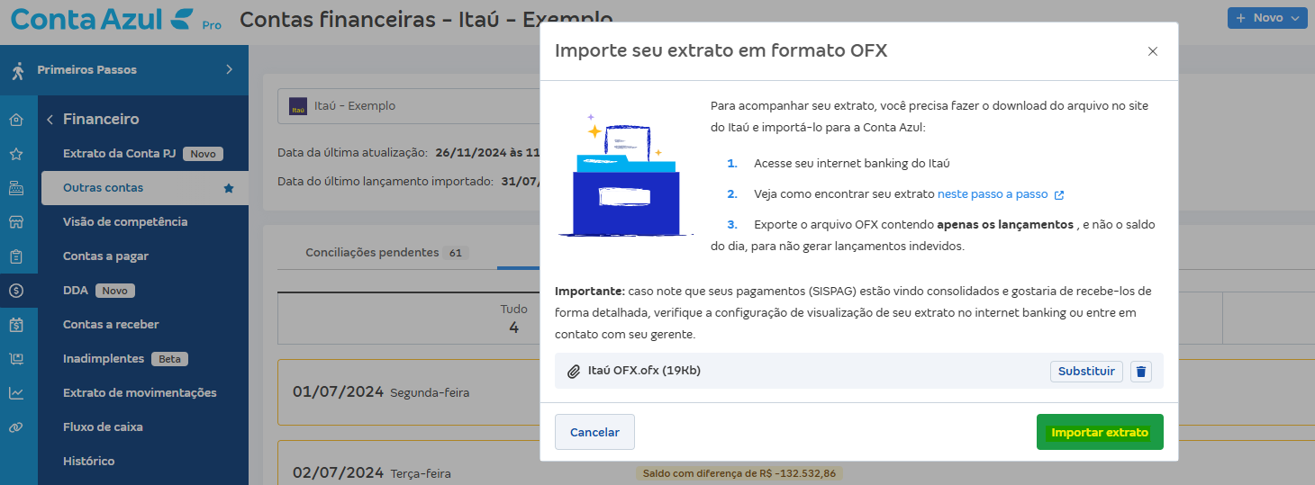 Tela de Importar extrato (OFX) com destaque para o botão Importar extrato.