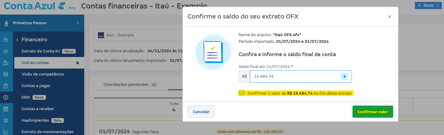 Tela de Importar extrato (OFX) com destaque para o botão Confirmar valor e mensagem Confirmar o valor de.