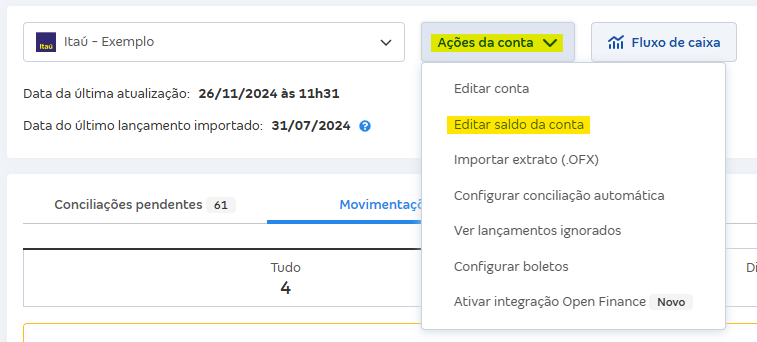 Tela de Movimentações com destaque para o botão Ações da conta e Editar saldo da conta.