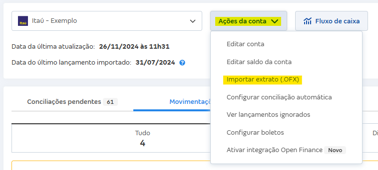 Tela de Movimentações com destaque para o botão Ações da conta e Importar extrato (OFX).