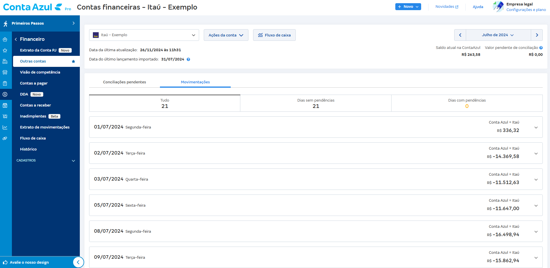 Tela de Movimentações com o saldo de todos os dias batendo.