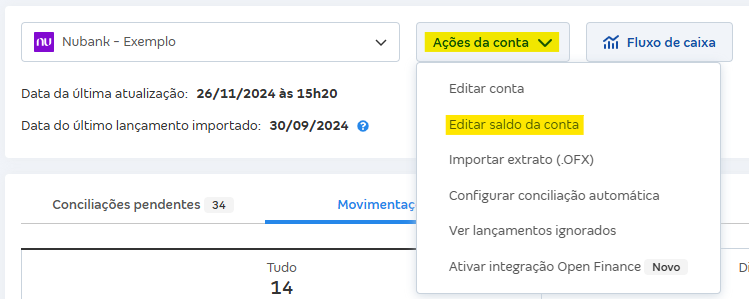 Tela de Movimentações com destaque para o botão Ações da conta e Editar saldo da conta.