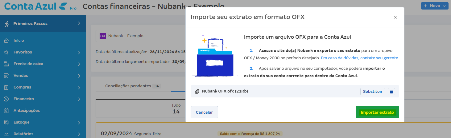 Tela de Importar extrato (OFX) com destaque para o botão Importar extrato.
