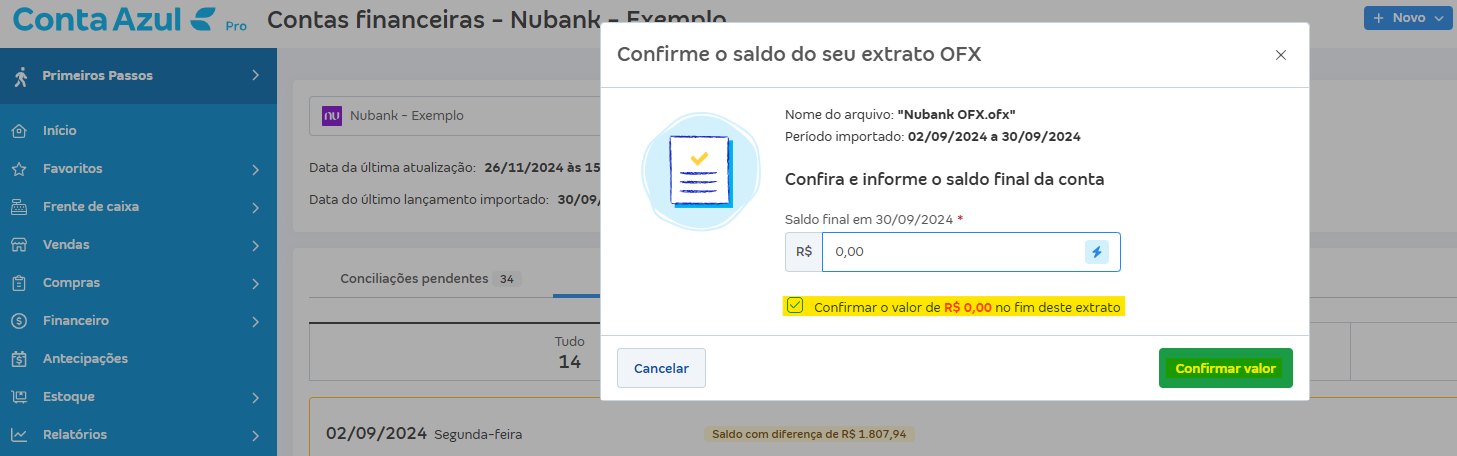 Tela de Importar extrato (OFX) com destaque para o botão Confirmar valor e mensagem Confirmar o valor de.