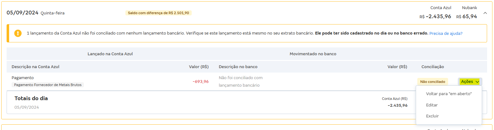 Tela de Movimentações com destaque para o botão Ações.