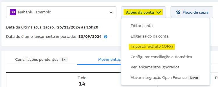 Tela de Movimentações com destaque para o botão Ações da conta e Importar extrato (OFX).