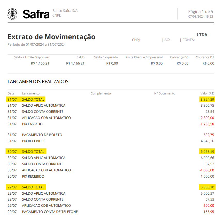 Imagem do extrato bancário Safra em PDF com destaque para os campos Data, Lançamento e Valor (R$).