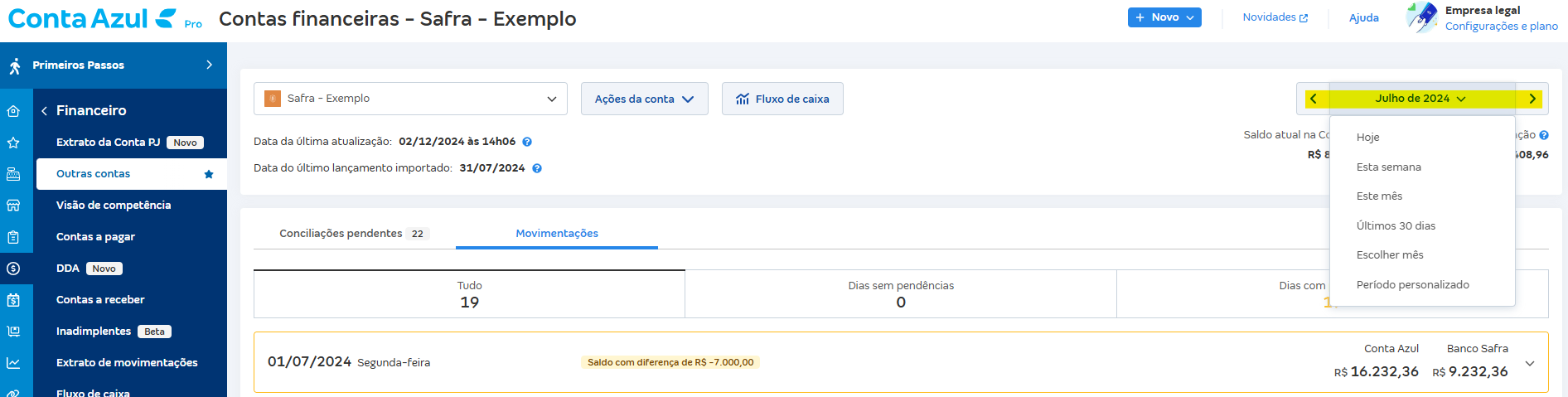 Tela de Movimentações com destaque para o campo Período personalizado.