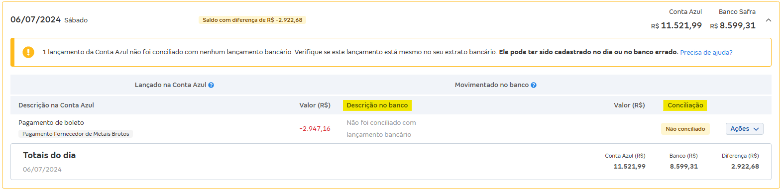 Tela de Movimentações com destaque para os campos Descrição do banco e conciliação.