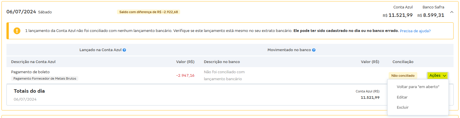 Tela de Movimentações com destaque para o botão Ações.