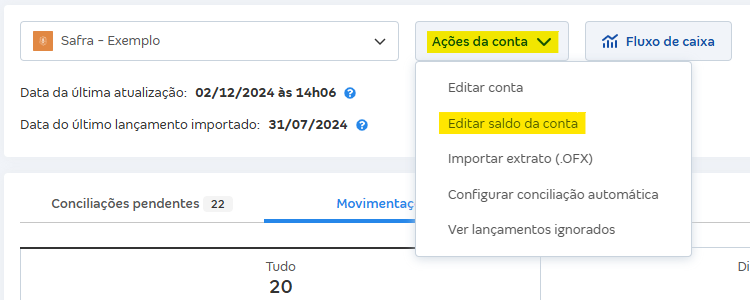 Tela de Movimentações com destaque para o botão Ações da conta e Editar saldo da conta.