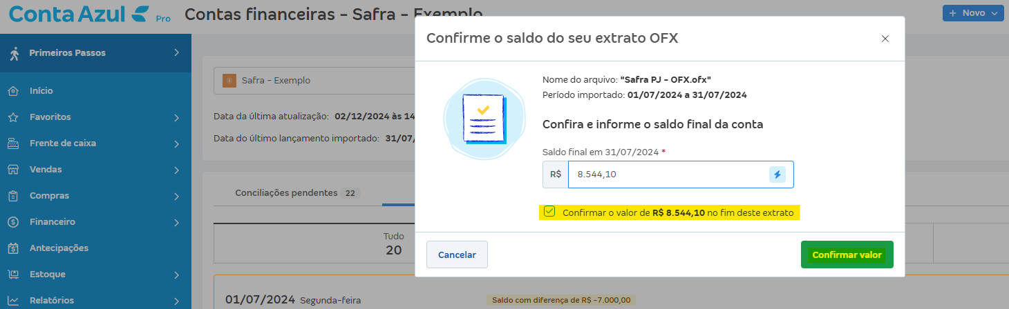 Tela de Importar extrato (OFX) com destaque para o botão Confirmar valor e mensagem Confirmar o valor de.